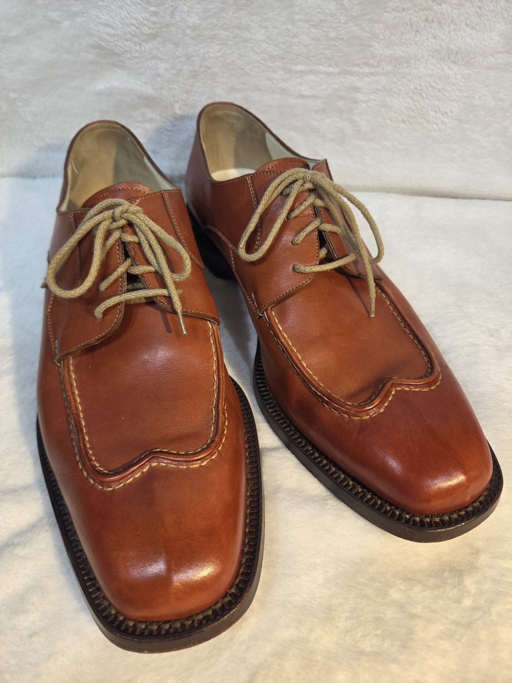 Bruno Magli Italian Platinum Caton Cognac Brown Leather Lace-Up Oxfords Vtg